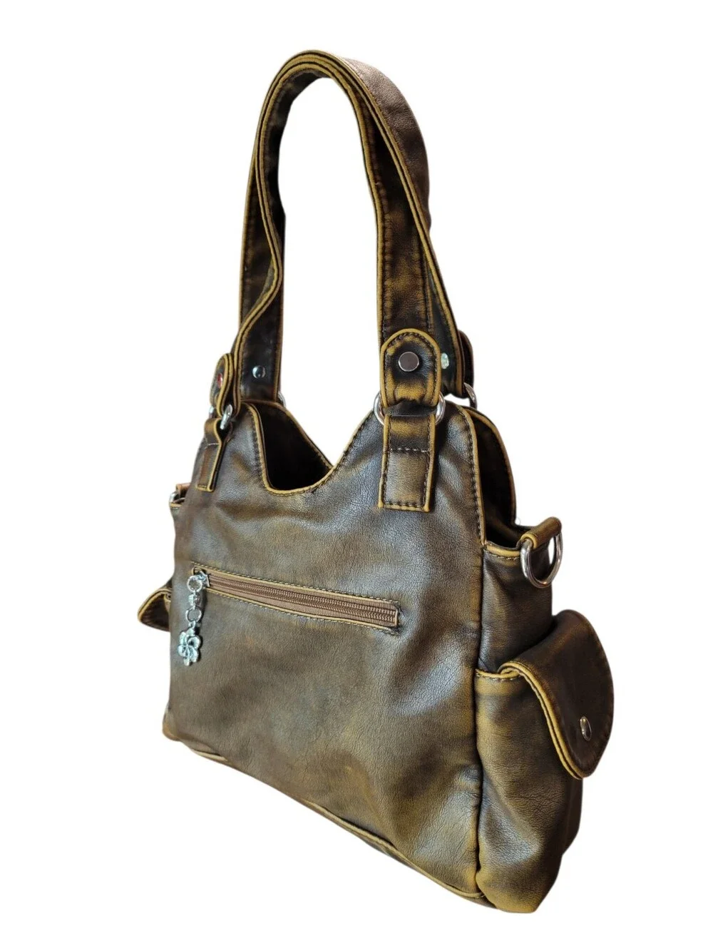 Angel Kiss Brown Faux Leather Multi Pocket Shoulder Bag Purse